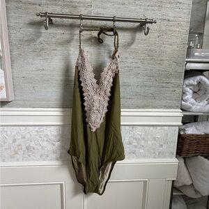 Large Anthropologie allihop lace front swimsuit one piece halter tie Olive Green
